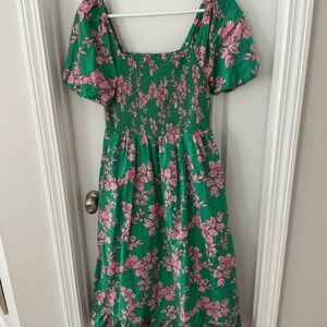J. Crew Green and Pink Smocked Sundress with Pockets